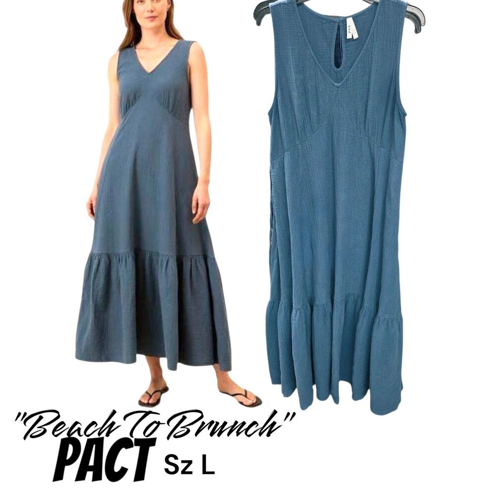 Pact Sz L Beach To Brunch Dark Teal Double Gauze Organic Cotton Boho Maxi Dress